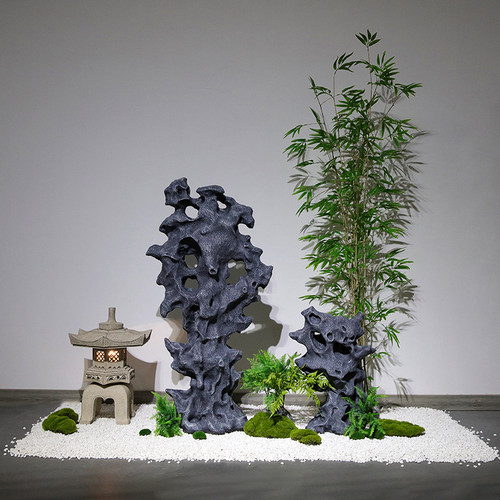中式庭院玄关装饰大型绿植摆件室内微景观仿真太湖石假山造景组合