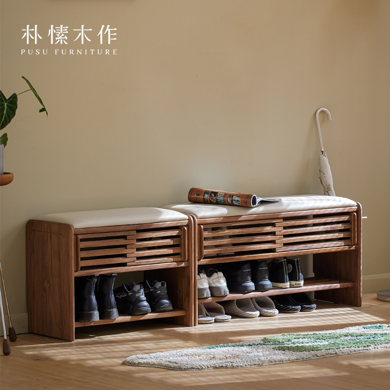 朴愫木作/入户换鞋凳实木鞋架一体家用门口可坐穿鞋柜长条凳椅子