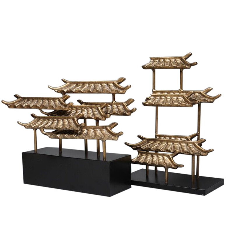 新中式禅意样板房家居客厅软装饰品 院落房子造型摆件金属艺术品