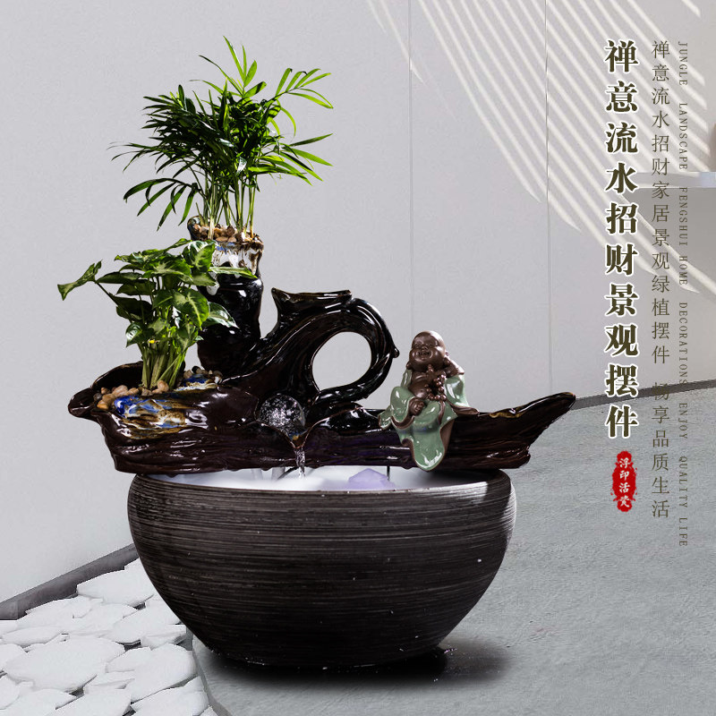 中式陶瓷流水喷泉招财风水轮摆件客厅加湿器大号鱼缸开业乔迁礼品