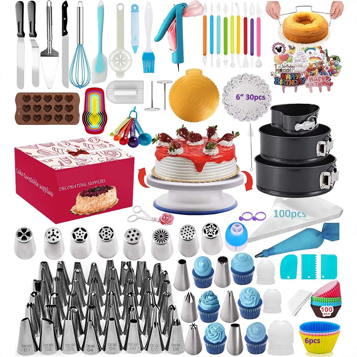 亚马孙热销398件套蛋糕烘焙用品 带蛋糕转盘的蛋糕工具 蛋糕喷嘴