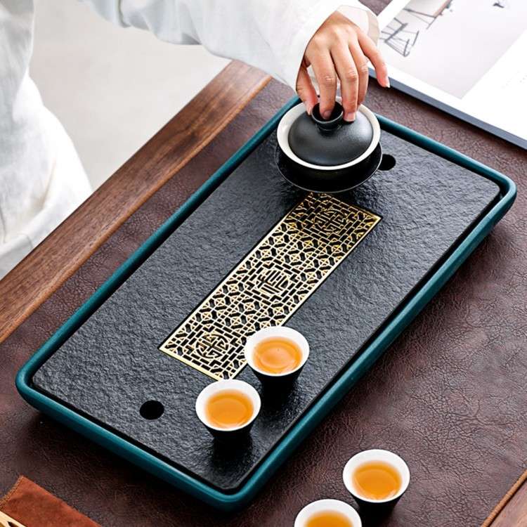乌金石茶台圆形茶盘陶瓷简约家用小型储水干泡台排水石头托盘茶具