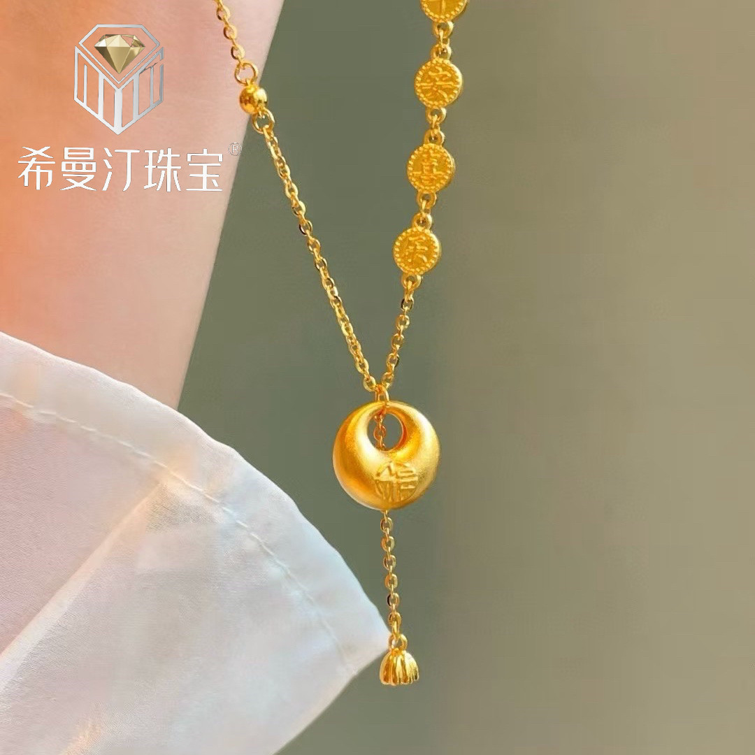 希曼汀足金999小胖福黄金项链纯金坨坨平安喜乐锁骨链送女友生日