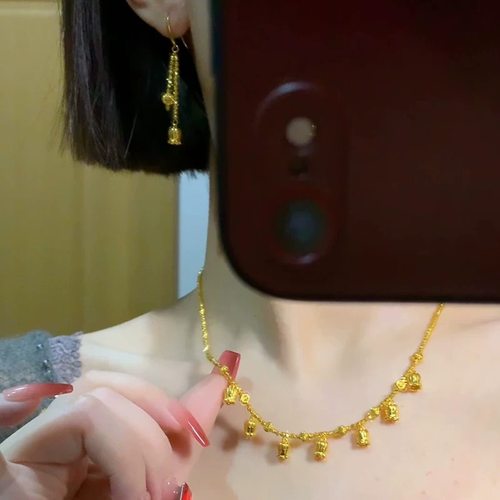 希曼汀黄金铃兰花项链女新款999足金蹦迪珠锁骨链生日礼物送女友