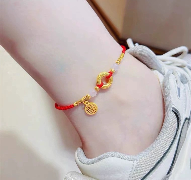 黄金平安扣福牌生日指环配件足金999转运珠编织脚绳吊坠礼物