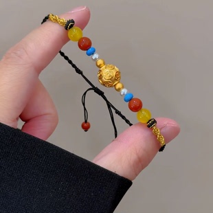 希曼汀999足金铜钱币黄金吊坠女本命年钱币转运珠小金珠编织手绳