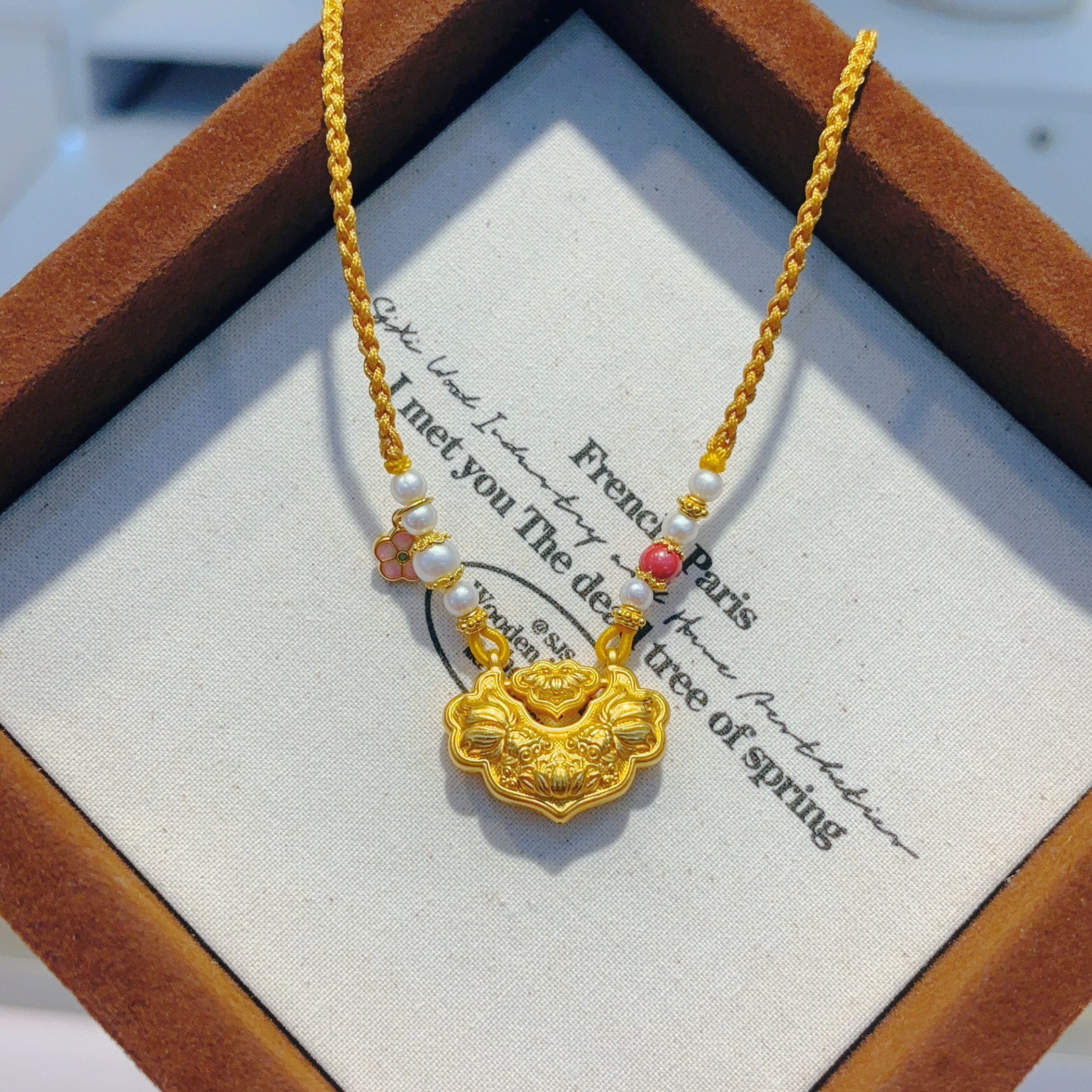 希曼汀999足金锦鲤锁包吊坠项链黄金转运珠锁骨链情人节生日礼物