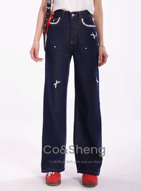 CO&SHENG小个子春款蝴蝶结莱赛尔天丝牛仔裤高腰直筒甜美百搭