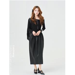 静谧重构/co&sheng小个子显瘦拼接斜领格雷系连衣裙收腰裙子针织