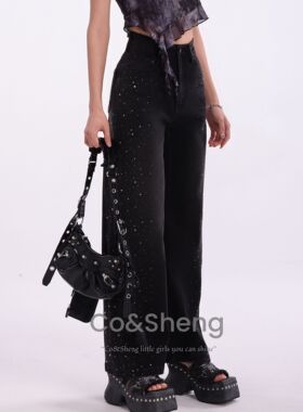 夜影星/COSHENG小个子春季黑色水钻直筒牛仔裤高腰复古时尚感显高