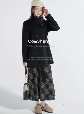 co&sheng小个子定制秋冬新款双面毛呢外套黑色气质优雅赫本风