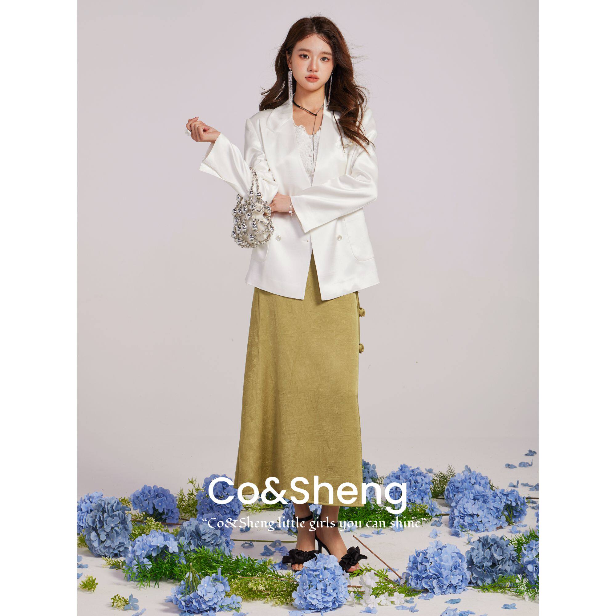 CO&SHENG小个子春季新款三色缎面鱼尾半身裙女欧若风日常