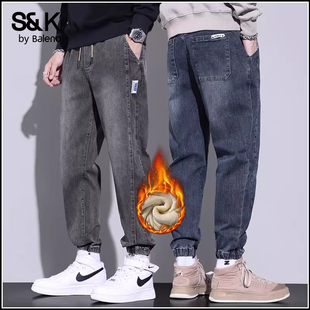 班尼路加绒牛仔裤男款冬季潮牌加厚保暖外穿束脚休闲裤子男士冬装