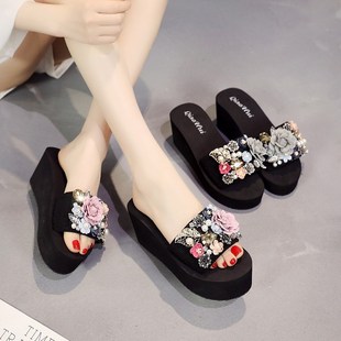 水钻凉拖鞋 女百搭海边坡跟厚底一字拖平 e女夏时尚 外穿度假沙滩鞋