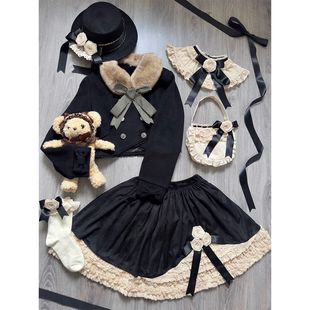 蕾丝花边短裙三件套装 古早doll感Lolita蝴蝶结外套 黑糖蕾丝