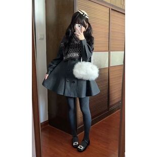 费尔岛的冬 英伦复古风气质披肩双排扣收腰显瘦毛呢外套秋冬套装