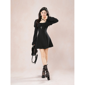 十字夜宴 系带收腰设计感连衣裙 哥特风黑色蕾丝泡泡长袖 秋季 新款