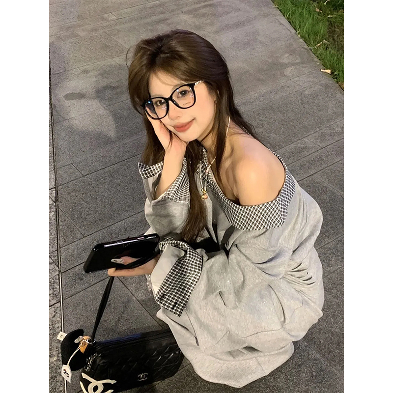 格纹拼接斜肩上衣+阔腿长裤两件