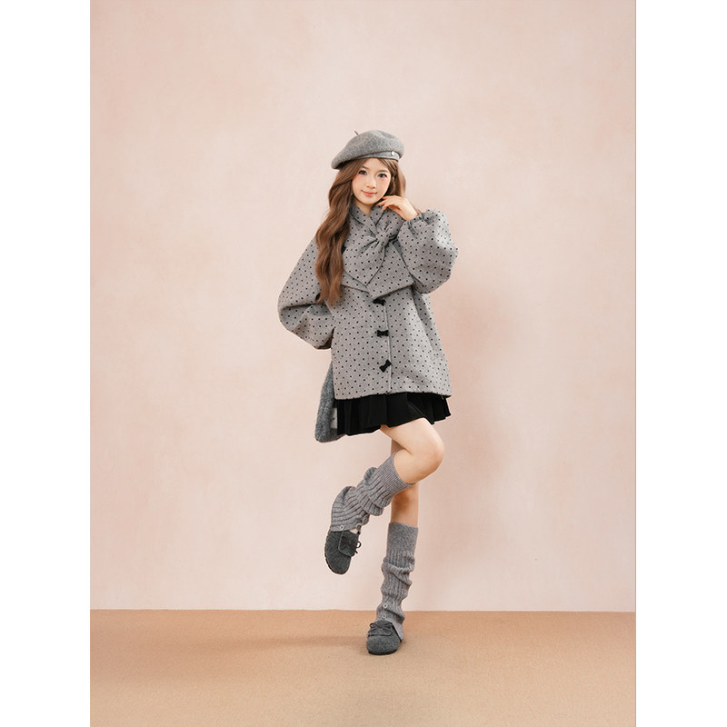 学院风甜美可爱蝴蝶结灰色波点毛呢外套+百褶半身裙秋冬两件套装,女装/女士精品,时尚套装,淘宝优惠券,粉丝福利购,淘宝优惠卷