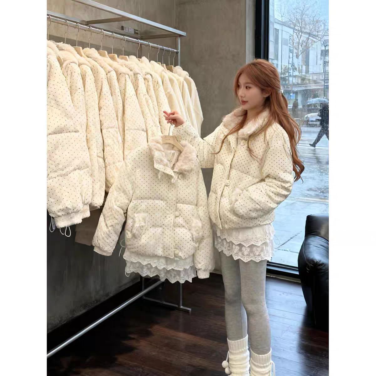 韩系温柔氛围感波点外套女冬季新款甜美小众高级设计感保暖棉服
