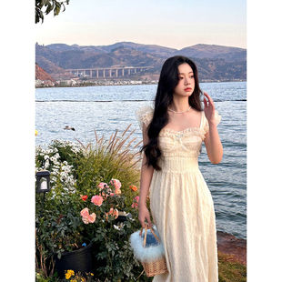 连衣裙女纯欲风桔梗吊带长裙 小飞袖 新款 蕾丝裱花精致甜美法式