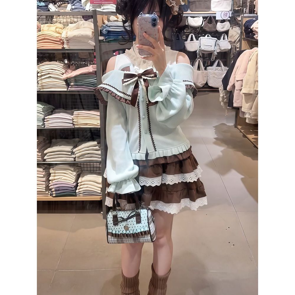【薄巧芙芙】古早感日系奈奈风可爱套装女蛋糕短裙+拼接露肩毛衣
