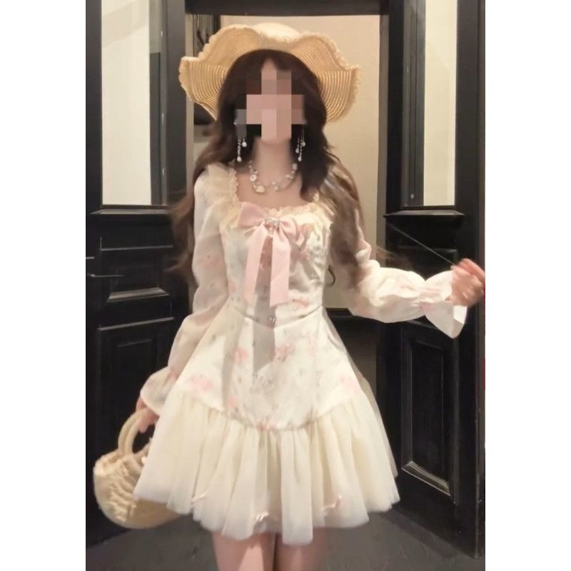 【樱粉甜系】温柔少女氛围感淑女连衣裙蝴蝶结拼接收腰显瘦短裙子