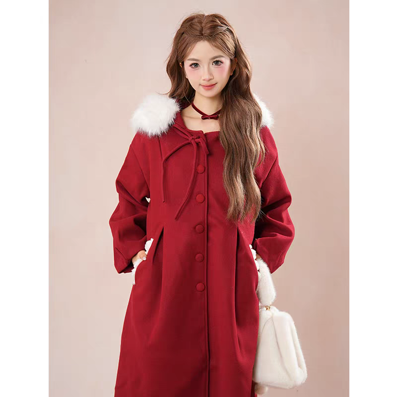 新年战袍学院风圣诞红色蝴蝶结大衣女秋冬季小个子中长款连帽外套