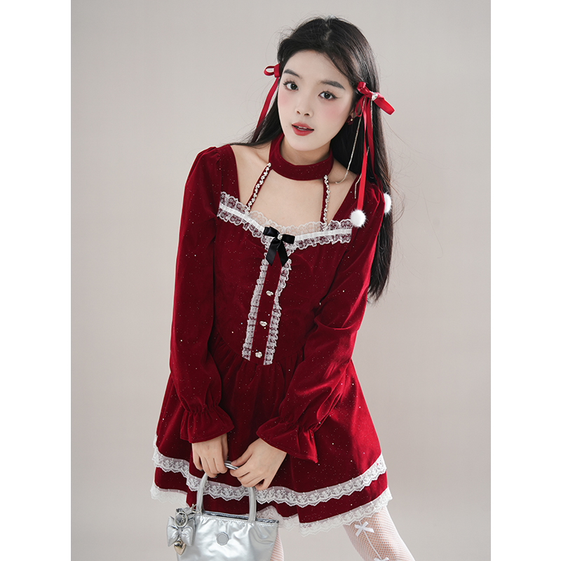 圣诞红色穿搭挂脖连衣裙女2025年秋冬小众设计蝴蝶结辣妹公主短裙