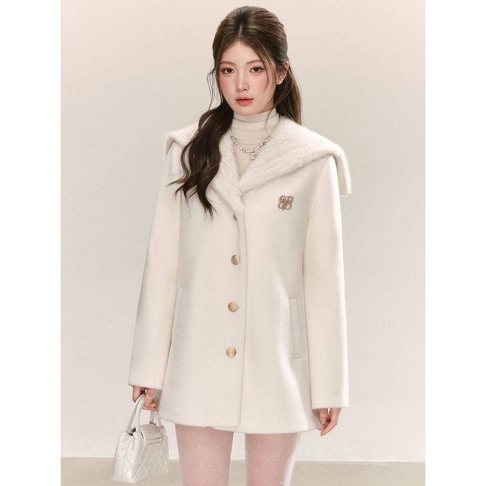 千金感海军领白色毛呢外套秋冬保暖A字系带收腰中长款甜美大衣女~,女装/女士精品,毛呢外套,淘宝优惠券,粉丝福利购,淘宝优惠卷