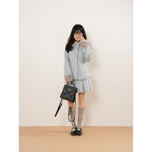 【甜美香风】蓝色冬季千金风套装古早收腰显瘦毛呢外套半裙两件套