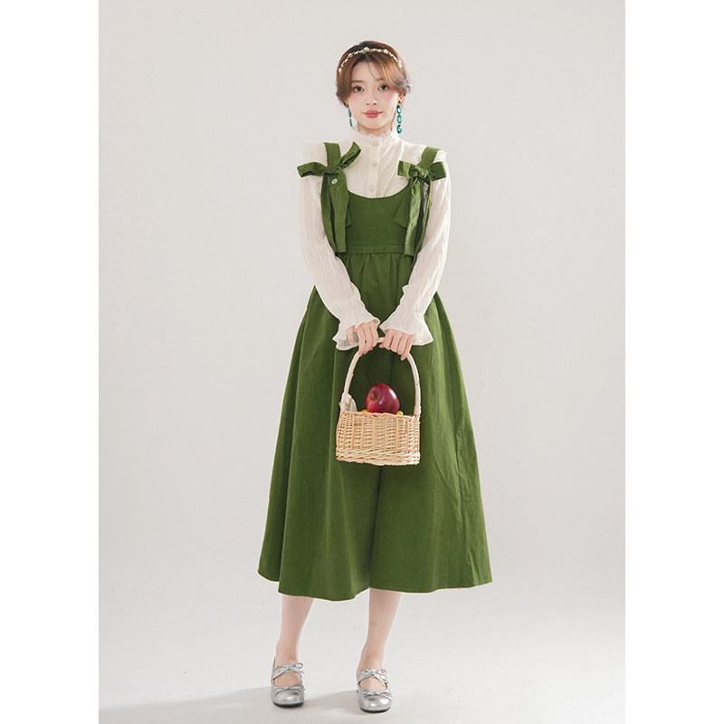 甜美可爱田园风超仙清新小个子套装女显瘦蝴蝶结衬衫背带裙两件套