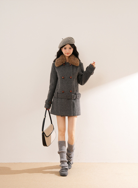 【旧巷拾光】复古高级秋冬毛领双排扣毛呢外套收腰千金呢子大衣女