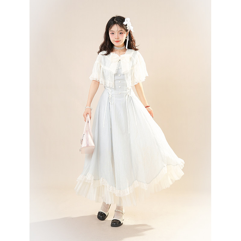 【初夏海棠】夏季新款甜美清新蕾丝蝴蝶结浅蓝色连衣裙女