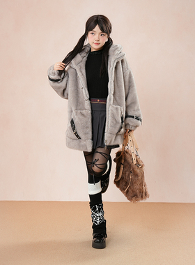 萌宅系可爱老鼠毛绒上衣秋冬新款毛毛亚比暗黑朋克皮扣小众短外套