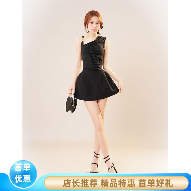 小众绝美小黑裙套装 高冷气质礼服淑女上衣+短裙两件套2025小个子