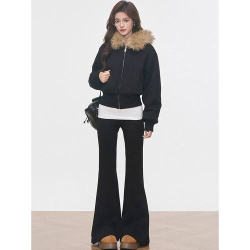 长腿姐姐 美式辣妹风毛领卫衣外套女秋冬新款微喇长裤二件套