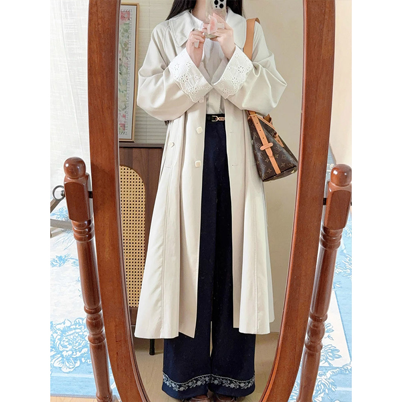 米色长款风衣外套女精致通勤穿搭