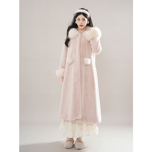 新中式甜美温柔风粉色毛毛外套女2024冬季新款气质高级中长款大衣