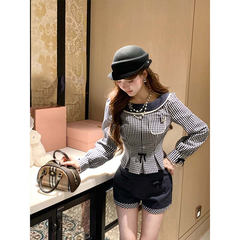 掐腰衬衣格纹拼接短裤两件套