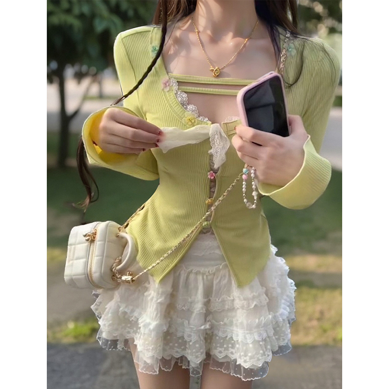 纯欲风甜辣套装女春季2025新款收腰针织开衫+蕾丝蛋糕短裙两件套