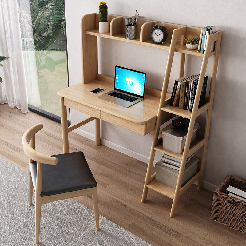 北欧实木书桌书架一体桌卧室办公电脑桌家用学生写字桌儿童学习桌