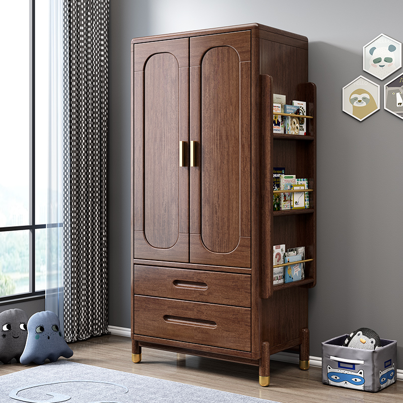 新中式实木儿童衣柜胡桃木小户型卧室小孩子衣橱两门儿童房带书架
