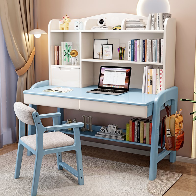 实木书桌书架一体桌现代简约家用卧室台式电脑桌儿童可升降学习桌