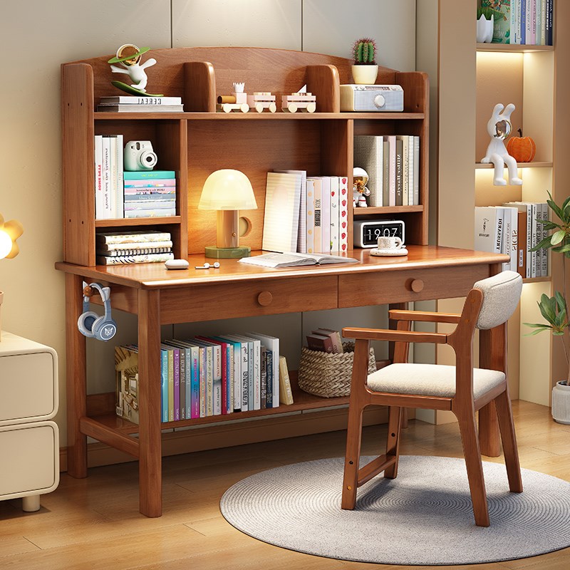 儿童学习桌1米实木书桌书架一体家用卧室初高中学生写字桌椅套装