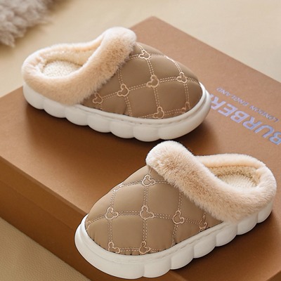 儿童棉拖鞋冬季保暖加绒加厚pu皮防水软底防滑卡通小兔男女宝宝鞋