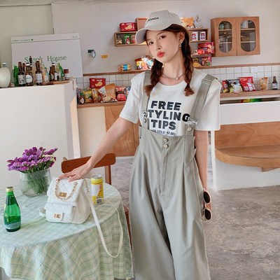 甜酷气质显高显瘦休闲背带v裤套装女夏季印花t恤连体阔腿裤两件套