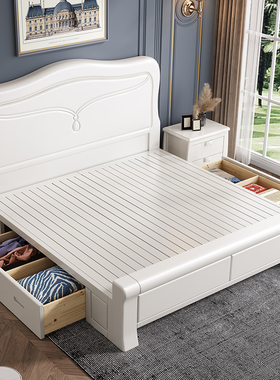 白色实木床1.8米主卧现代简约经济型E气压抽屉储物公主床1.5米婚