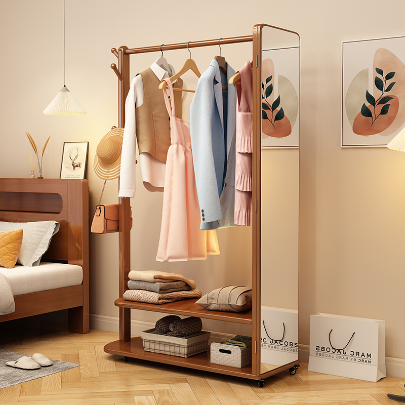 带试衣镜子一体纯实木落地衣帽架家用多功能挂衣架门口换衣架子