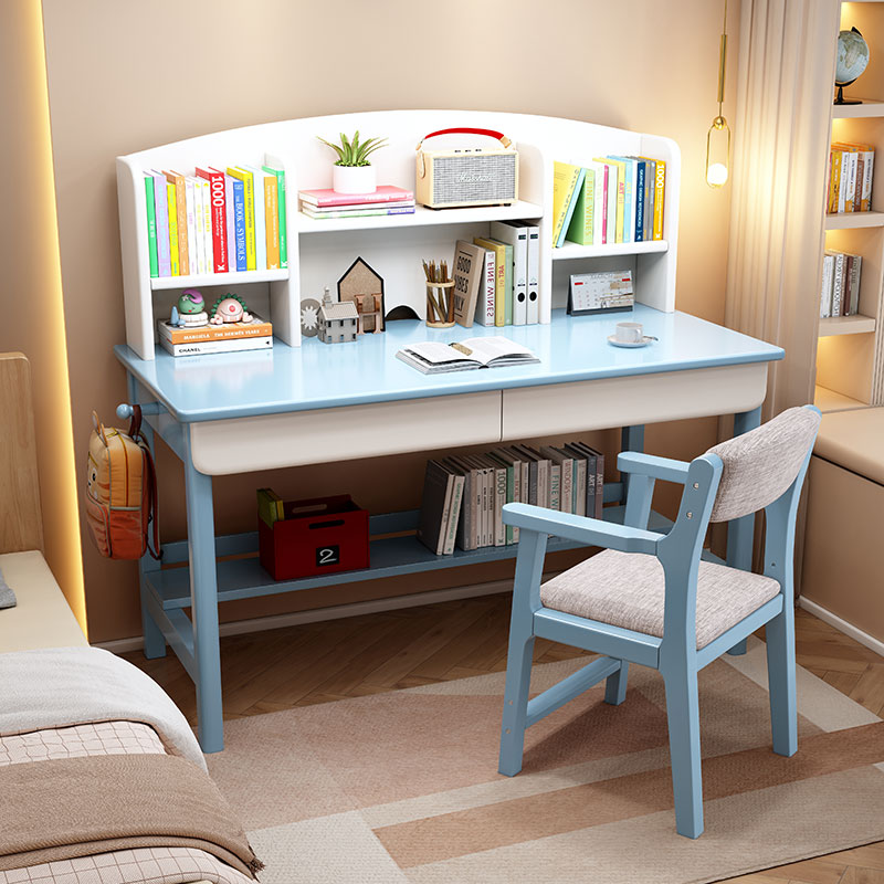 实木书桌书架一体学生写字学习桌电脑办公桌椅组合中小学生作业桌